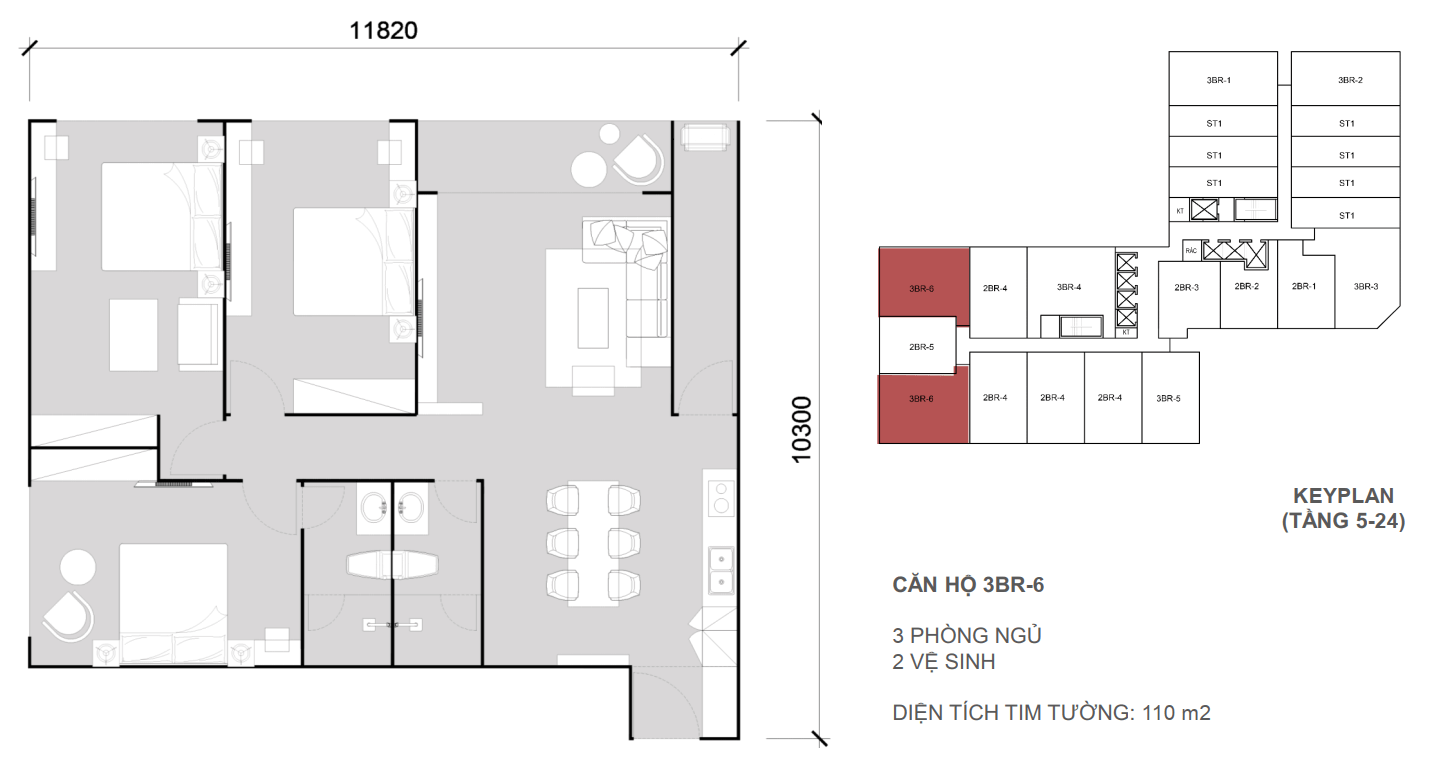 Căn hộ 3 ngủ - 2wc diện tích 110m2.