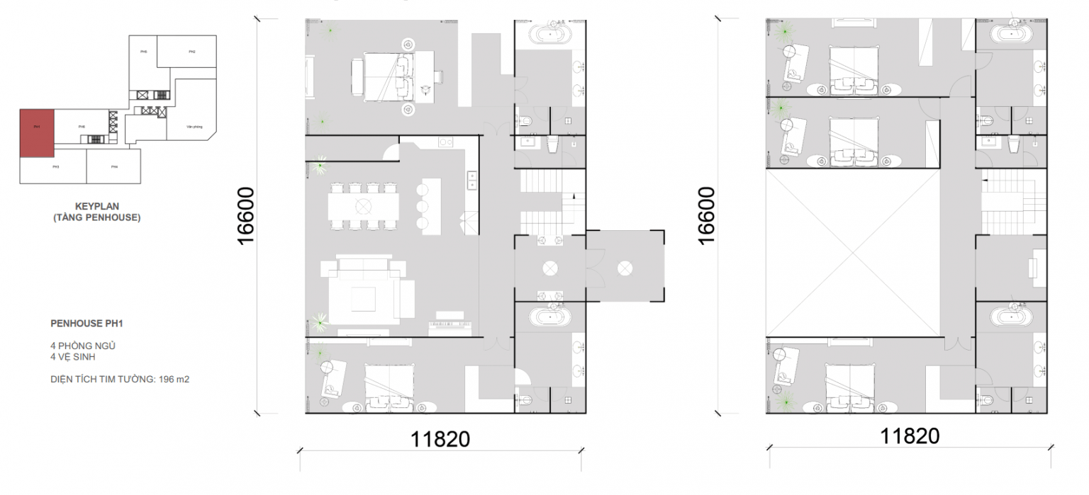 Căn penthouse 1 - 4 ngủ 4wc - 196m2.