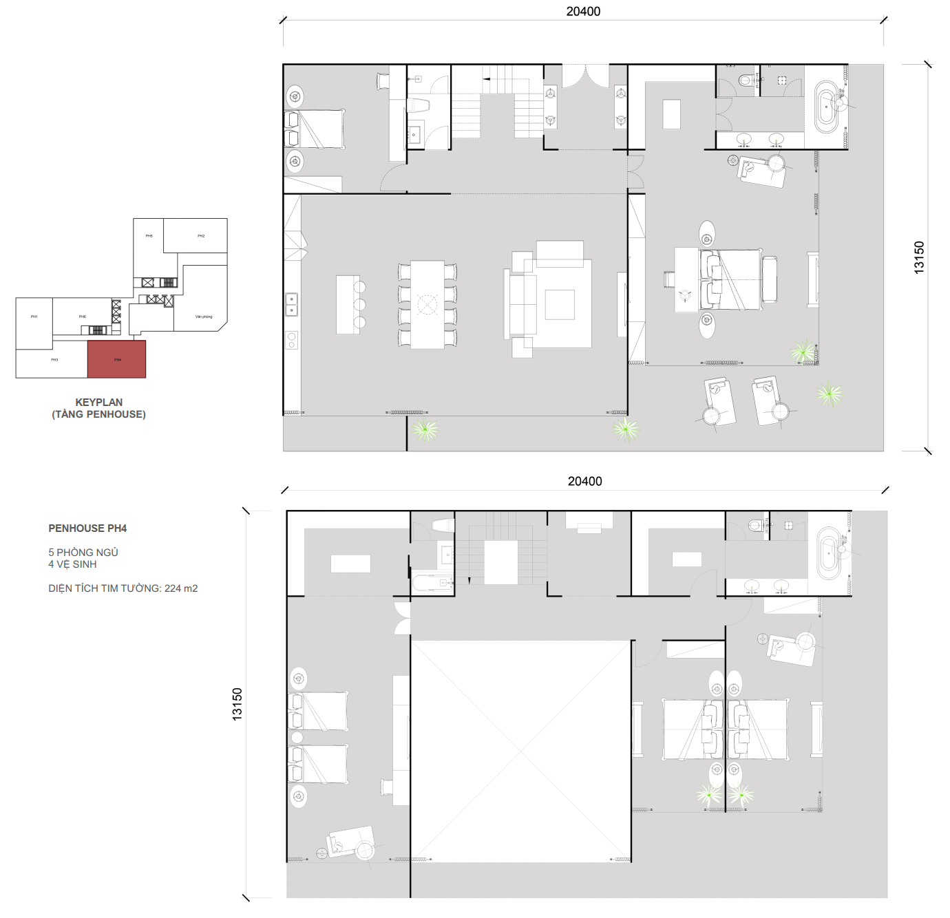 Căn Penthouse 4 - 5 ngủ 4wc - diện tích 224m2.