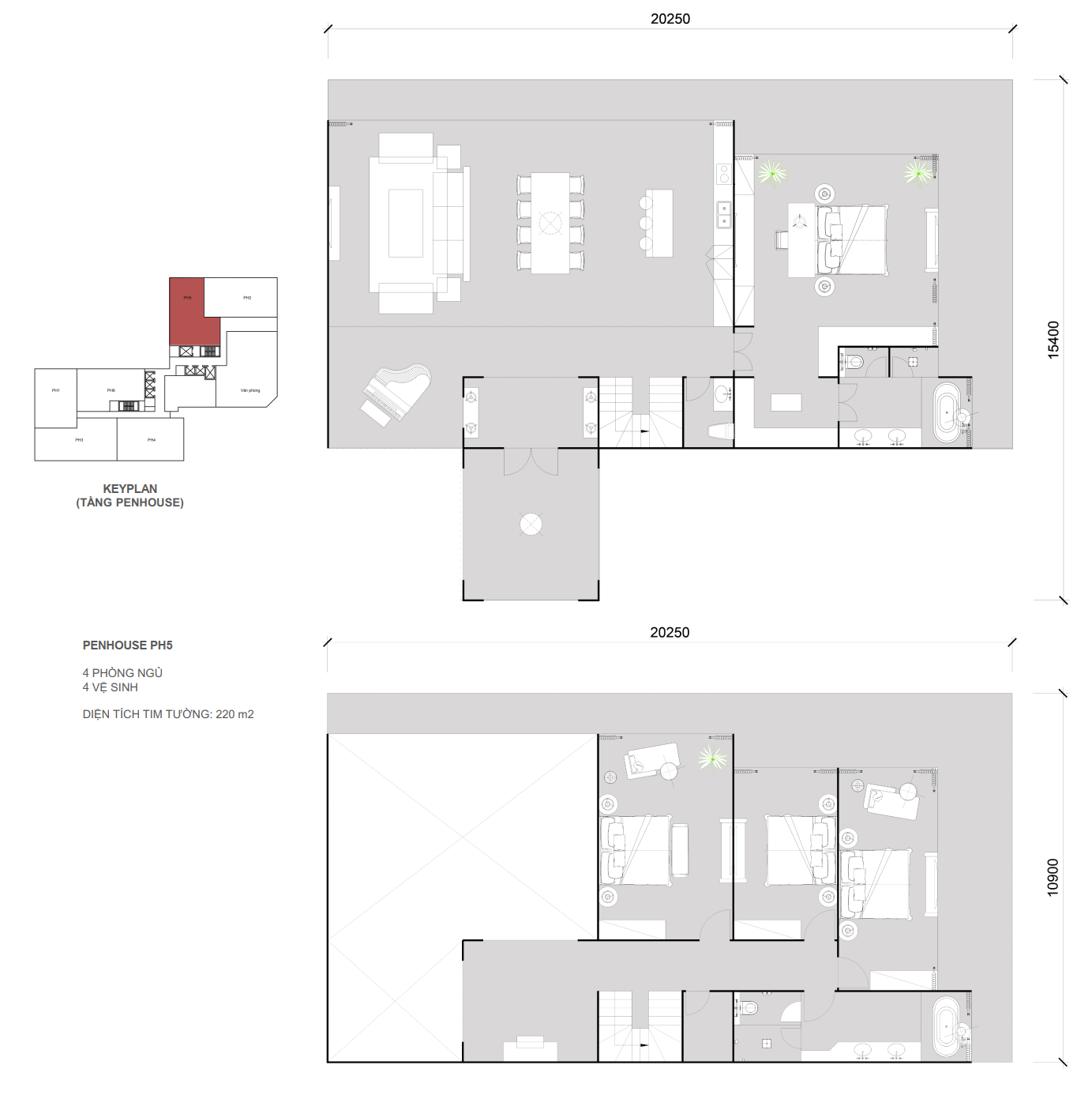 Căn Penthouse 5 - 4 ngủ 4wc - diện tích 220m2.
