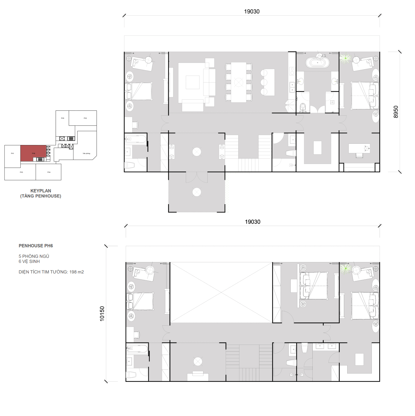 Căn Penthouse 6 - 5 ngủ 6wc - diện tích 198m2.